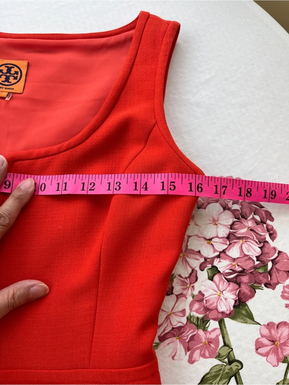 Tory Burch Bright Orange Sleeveless Zip-Front Midi Dress with pockets.